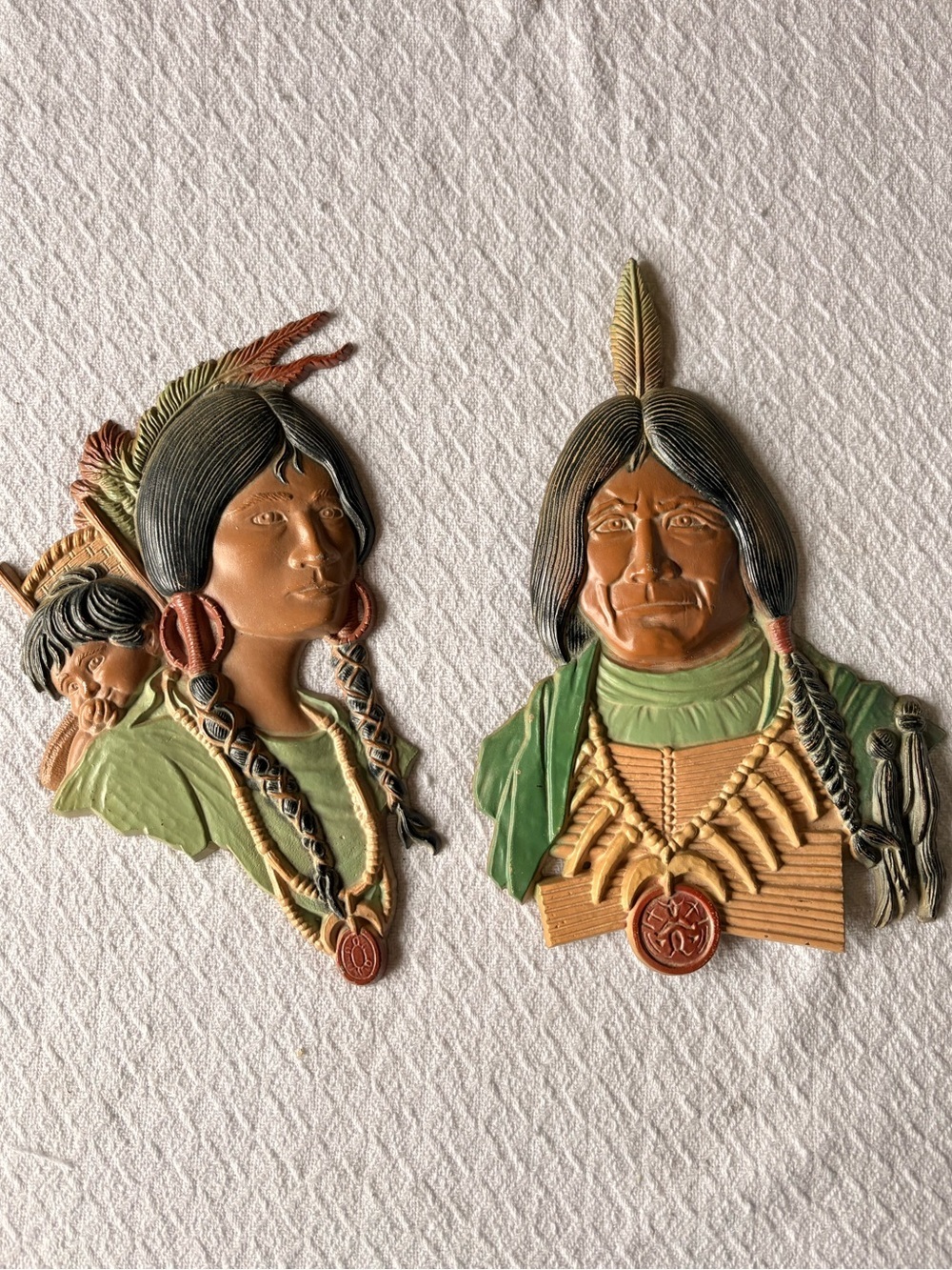 Set of 2 Sexton Green and Tan Native-Inspired Metal Wall Plaques Southwest 70s